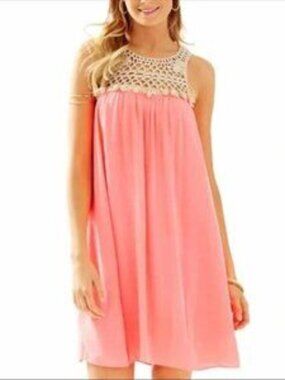 Lilly Pulitzer Coral Pink Rachelle Eyelet Dress XXS Crochet Metallic Yoke